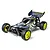 Tamiya Plasma Edge II 1/10 scale RC buggy in gunmetal finish with neon yellow wheels, shown from a front three-quarter angle.