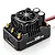 Hobbywing Xerun XR8 Pro brushless ESC featuring a black cooling fan, capacitors, and gold-plated motor/battery terminals on a white background.