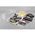 Unpainted clear polycarbonate RC car body shell kit for a Gainer Tanax GT-R NISMO R35, including plastic parts, decals, and accessories.