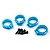 Four blue anodized aluminium shock clamps with four black metal screws arranged on a white background.