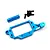 Yeah Racing blue anodized aluminium servo mount with a cylindrical spacer and five black screws on a white background.
