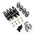 A set of four black aluminium RC shock absorbers with extra springs, brass spacers, screws, and O-rings on a white background.