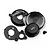 A set of black anodized aluminium RC car parts including a gear cover, motor mount plate, and small screws on a white background.
