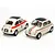 Two 1/24 scale Tamiya Fiat 500F model cars on a white background, one showing the rear with a number 5 decal and the other showing the front with Italian flag stripes.