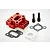A red anodized aluminium air intake manifold with heat sink fins, two black bolts, and two gaskets on a white background.