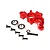 A red anodized aluminium clutch tripod mount kit for RC cars, including two ball bearings, five black screws, and one star washer on a white background.