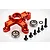 A red anodized aluminium clutch tripod mount for RC cars, including two ball bearings, six black screws, and one star washer on a white background.