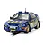 A 1/32 scale Scalextric slot car model of a blue 1995 Subaru Impreza WRX rally car with Repsol livery and gold wheels, shown on a slot track.