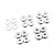 A collection of silver-coloured aluminium washers arranged in small groups on a white background.