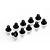 Ten black metal button head screws arranged on a white background.