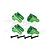 Four green anodized aluminium upper shock mounts for RC cars with four black mounting screws, arranged on a white background.