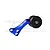 A blue anodized aluminium RC wheelie bar arm with a black plastic wheel attached, featuring a GPM Racing watermark in the background.