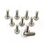 A set of ten silver-coloured titanium button head screws arranged on a white background.