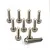 A set of ten silver-coloured titanium button head screws with fine threads arranged on a white background.
