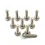 A collection of ten silver-coloured metal button head screws with coarse threads arranged on a white background.