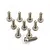 A set of ten silver-colored titanium button head screws with coarse threads arranged on a white background.