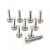 Ten silver-coloured titanium button head screws with coarse threads arranged on a white background.