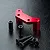 MST red anodized aluminium steering arm mount with two black metal spacers and four black hex head screws on a black textured surface.