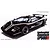 A studio shot of a black Lamborghini Countach LP500R model car with white racing stripes, shown from a high-angle front three-quarter view.