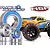 A collection of metal ball bearings with blue rubber seals displayed in front of an HSP Savagery RC monster truck.