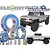 A collection of metal ball bearings with blue rubber seals arranged in front of two silver Element RC Utron SE scale model trucks.