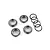 Four grey aluminium shock adjusting nuts and four black rubber O-rings arranged on a white background.