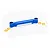 A blue anodized aluminium steering draglink for an RC car, accompanied by four small brass-coloured metal bushings, isolated on a white background.