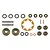 A collection of RC differential gear rebuild parts including metal gears, washers, pins, O-rings, and a gasket arranged on a white background.