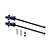 Two GPM Racing black steel CVD driveshafts with blue aluminium wheel hexes, including two pins and two grub screws on a white background.