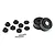 Two black Pro-Line short course RC rims with multiple hex adapters and small mounting screws on a white background.