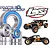 A promotional graphic for Plaig Bearings featuring various metal ball bearings with blue seals alongside two Losi DBXL-E 2.0 RC desert buggies.