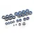 A collection of various sized metal ball bearings with blue rubber seals arranged on a white background.