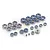 A collection of various sized metal ball bearings with blue rubber seals arranged on a white background.