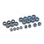 A collection of various sized metal ball bearings with blue rubber seals arranged on a white background.