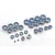 A collection of various sized metal ball bearings with blue rubber seals arranged on a white background.