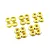 A set of twenty small, circular brass flat washers arranged in five groups of four on a white background.