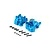 A pair of blue anodized aluminium RC gearbox case halves with a set of assorted black metal screws on a white background.