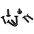 A group of seven black metal countersunk screws with coarse threads and cross-head drives arranged on a white background.