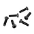 A group of six black metal binder head screws with Phillips drive heads arranged on a white background.