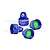 Four blue anodized aluminium RC shock absorber caps from GPM Racing, featuring a 7075 alloy marking and bright green internal seals.