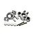 A pair of silver GPM Racing aluminium steering knuckles with four white plastic inserts and two metal screws on a white background.