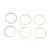 Six thin, flat, circular metal washers arranged in two rows of three against a white background.