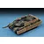 A high-angle studio shot of a 1/72 scale Leopard 2A6M CAN tank model, featuring a camouflage paint scheme and tan slat armor cages.
