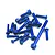 A pile of 19 dark blue anodized metal socket head screws for the Sanwa M17 transmitter on a white background.