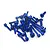 A pile of dark blue anodized metal socket head screws for RC hobby use, scattered on a white background.