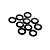 A cluster of ten small, thin, black circular shims or washers arranged on a white background.