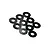 A set of ten small black circular shims or washers arranged in a loose cluster on a white background.