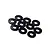 A collection of ten small, thin, black circular shims or washers arranged on a white background.