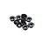 A pile of ten small black metal M3 threaded inserts for RC cars against a white background.