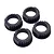 Four black plastic differential eccentric rings for RC cars arranged on a white background.